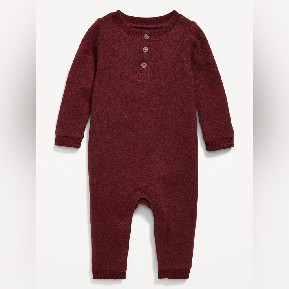 Unisex Long-Sleeve Sweater-Knit Henley One-Piece for Baby red